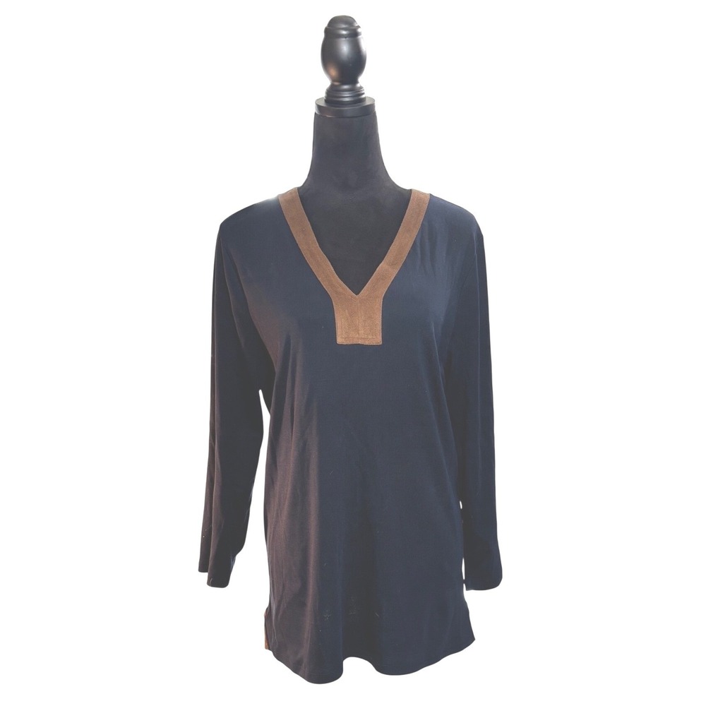 Lauren Ralph Lauren Navy Blue Suede Trim V-Neck Long Sleeve Tunicโ Top XL